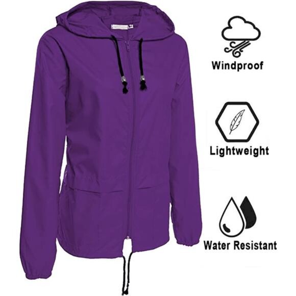 Womens Lightweight Waterproof Rain Jacket Packable Hooded Windbreaker Outdoor - Picture 3 of 6